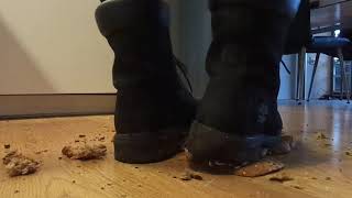 Timberland Boots food stomp, trampling small carpet of bread slices