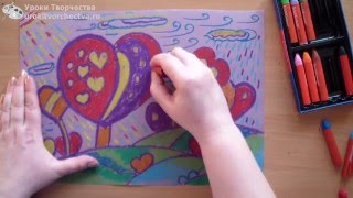 Пейзаж из сердечек масляной пастелью