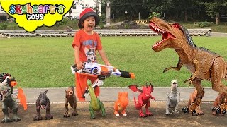 DINOSAURS vs Toddler NERF WAR | Mighty Megasaur dinosaur toys for kids with Nerf Rhino Fire