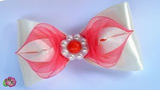 Заколка бант Коралл. Канзаши МК/Hairpin Bow Coral. DIY Kanzashi