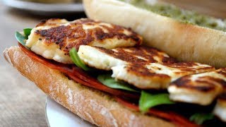 GRILLED HALLOUMI CHEESE SANDWICH/ BURGER  (with caramelized onions) - CYPRIOT GREEK RECIPE (EP 107)