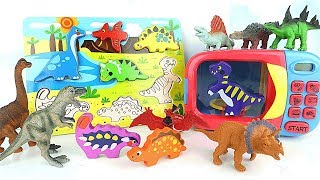 Learn Dinosaurs With Wooden Puzzle | Dinosaur Toys Surprise Eggs/Just Like Home Microwave Oven Toys