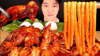 ASMR MUKBANG | SPICY STIR FRIED SQUID SHRIMP OCTOPUS GIANT NOODLES EATING SOUNDS 먹방