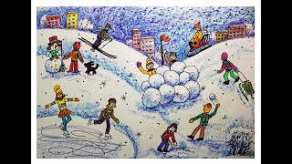 Как нарисовать фигуру человека в движении поэтапно. Зимний пейзаж.Видео урок для детей 6-8 лет.