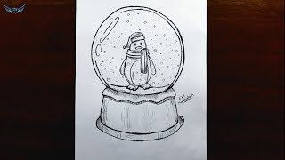 Kar Küresi İçine Penguen Nasıl Çizilir - Karakalem Çizim Çalışması
