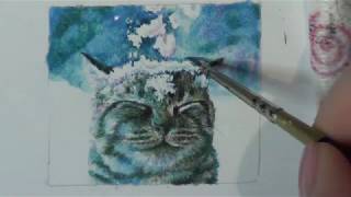 Рисуем кота в снегу акварелью/рисунок кота в снегу акварелью/ cat in watercolor
