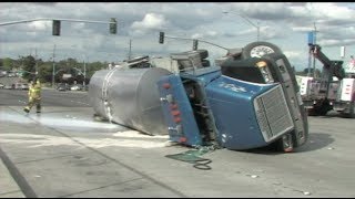 Overturned Milk Tanker Truck - Big Rig Tow Trucks Flip Tanker Truck - Tanker Rollover - News Footage