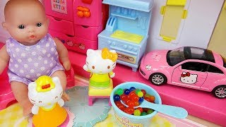 Baby doll Hello kitty 2 story house and car toys play
