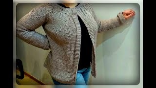 Жакет с круглой кокеткой листьями, вязание спицами
