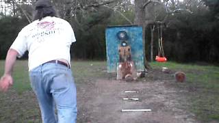 20 foot combat knife throw with custom knives by bo mcnees.