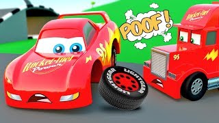 Car Stories McQueen Lost wheel in Cars factory, McQueen Car & Mack truck assembling video