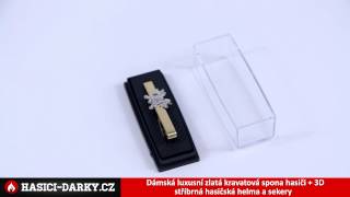 Dámská luxusní zlatá kravatová spona hasiči + 3D stříbrná hasičská helma a sekery