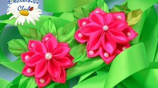ЦВЕТЫ из ЛЕНТ + Листочки с ПРОЖИЛКАМИ / ЦВЕТЫ kanzashi СВОИМИ РУКАМИ