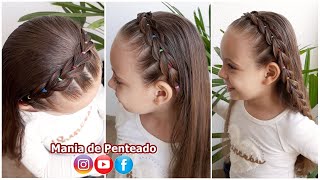 Penteado Infantil fácil com tiara de trança falsa e ligas coloridas