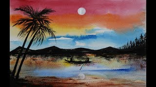 Easy Sunset Landscape In Watercolors For Kids - Step-By-Step Tutorial | Sunset Landscape