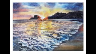 Закат на море акварелью. Красивый пейзаж акварелью. How to draw a beautiful landscape in watercolor.