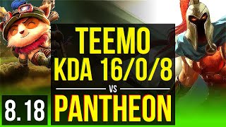 TEEMO vs PANTHEON (JUNGLE) | KDA 16/0/8, 900+ games, Legendary | NA Diamond | v8.18