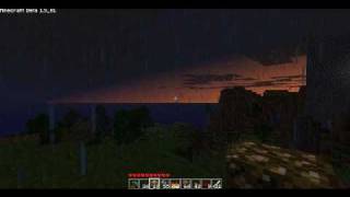 Minecraft beta 1.5_01 - rain, thunder, lightning and sunset.