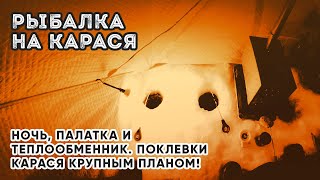 РЫБАЛКА НА КАРАСЯ В НОЧИ В ПАЛАТКЕ С ТЕПЛООБМЕННИКОМ.Поклевки карася крупным планом!
