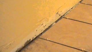 Ceramic tile placement with laser level.