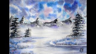 Зима в горах.  Акварель.  Winter in the mountains. Watercolor.