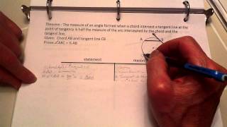 Proof:  Measure of angle of chord and tangent equal to half of arc of same chord and tangent.
