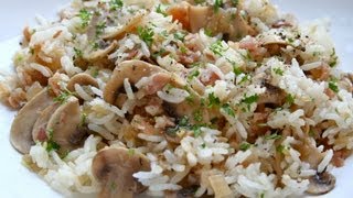 Arroz con champiñones y bacon