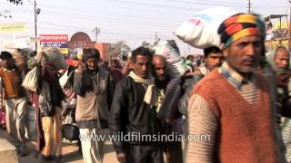 Hindu pilgrims with their family members arrive for holy bath, Kumbh Mela
