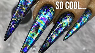 LONG Stiletto Acrylic Nails with Galaxy Oil Slick Nail Art Design
