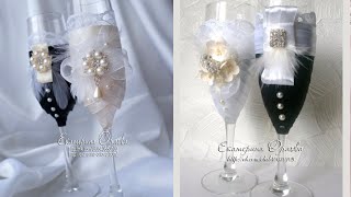 Декор свадебных бокалов лентами. Wedding glasses