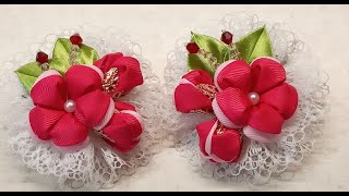 Заколочки "Розовое счастье" , из репсовой ленты, с кружевом.