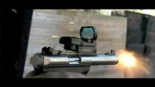 Ruger 22/45 stainless with Barska Red Dot, filmed at 600 and 1200 frames/sec