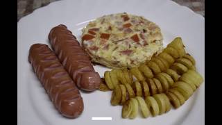 ИНТЕРЕСНЫЙ У НАС ЗАВТРАК ПОЛУЧАЕТСЯ/СОСИСКИ,ОМЛЕТ И КАРТОШКА СПИРАЛЬ/РЕЦЕПТ БЛЮДА/