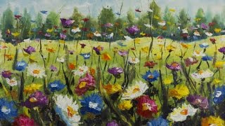 Поле ярких цветов - цветочная картина маслом на холсте. Цветочный пейзаж.