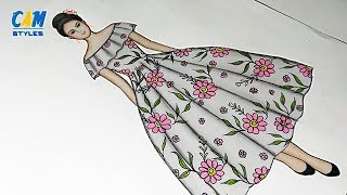 Beautiful dresses drawing | How to draw Women's Floral Dress | Fashion illustration art