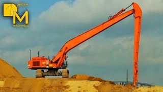 BIG HITACHI ZAXIS 600 LONG REACH EXCAVATOR DREDGING WITH LONG BOOM SPREADING SAND