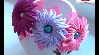 МК ободок с необычными цветами. Канзаши. Цветы из лент. DIY Ribbon flowers