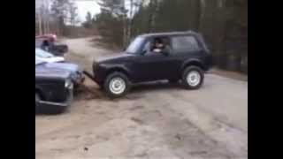 Lada Niva in car accident crushes VW