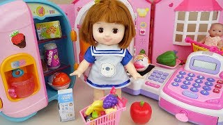 Baby doll mart register and refrigerator food toys play