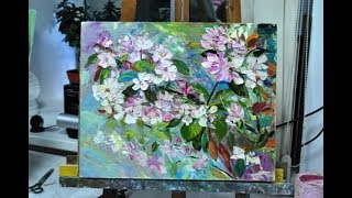 Картина маслом поэтапно "Цветущая веточка яблони".Пленэр.Blossoming apple twig