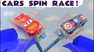 Disney Cars Toys McQueen spin race with Hot Wheels superhero Avengers and the funny Funlings TT4U