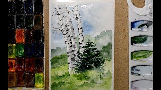 Рисуем пейзаж с березами  акварелью /  Drawing a landscape with birches in watercolor