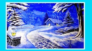 Рисование гуашью/Новогодний зимний пейзаж поэтапно для начинающих