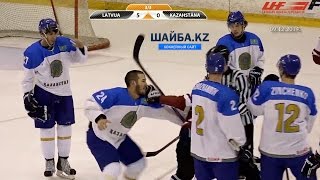 Дамир Рыспаев против латвийских хоккеистов. Damir Ryspayev vs Oskars Batna and Ralfs Grinbergs