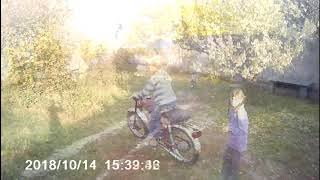 Мой братишка рассекает на мопеде с зажиганием от бензопилы.