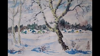 Зимний пейзаж. Видеоурок. Рисунок акварелью.