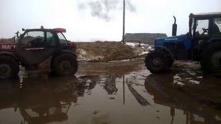 manitou MLT 731 lsu turbo вытаскивает мтз1221в.2 с кормораздатчиком BVL Vmix 20-2s