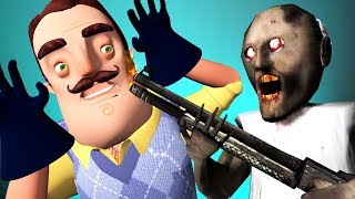 GRANNY vs HELLO NEIGHBOR 3: SHOTGUN FIGHT (3D SFM Horror Game Animation)