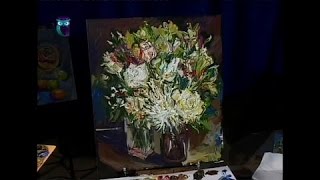 Уроки рисования (№ 105) масляными красками. Рисуем белые цветы на чёрном холсте