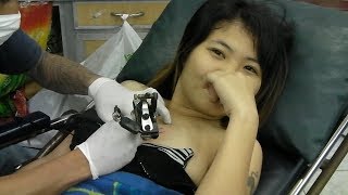 Thai Teen Gets Her Boobs Inked / Chest piece Tattoo